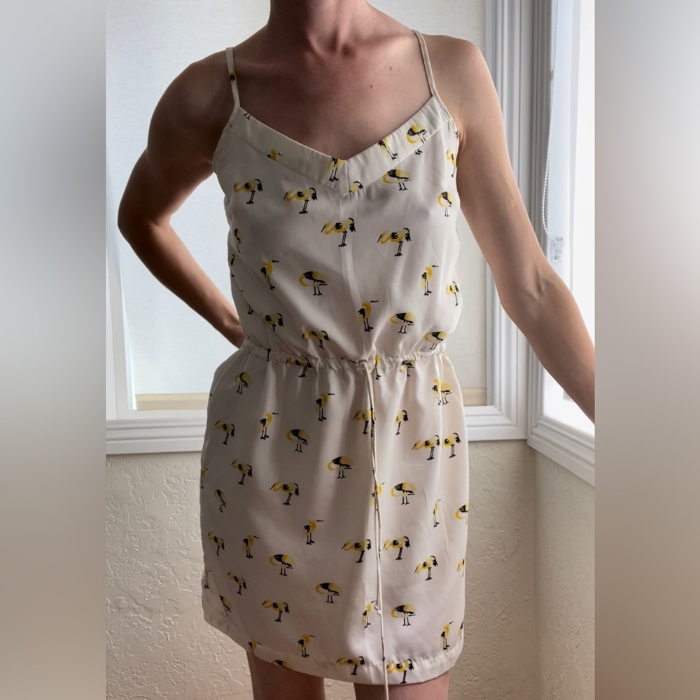 White Spaghetti-Strap Dress with Birds, Size XS